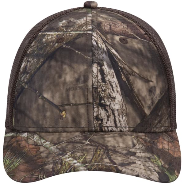 A camo-patterned six-panel low profile baseball cap in shades of brown and green with a mesh back.