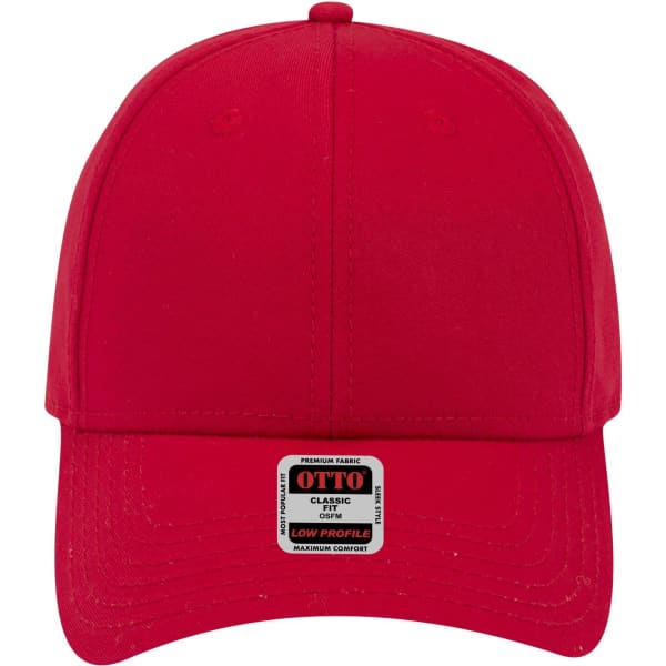 A red six-panel low profile baseball cap featuring a small logo on the front.
