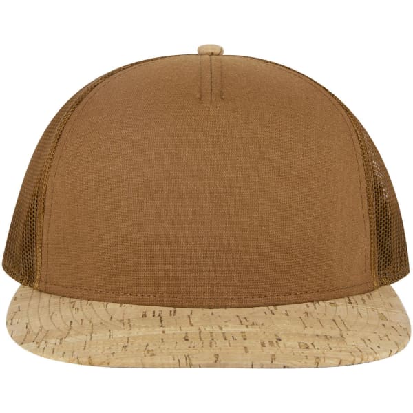 A brown trucker cap with a cork peak and mesh panels. It features a logo on the front.