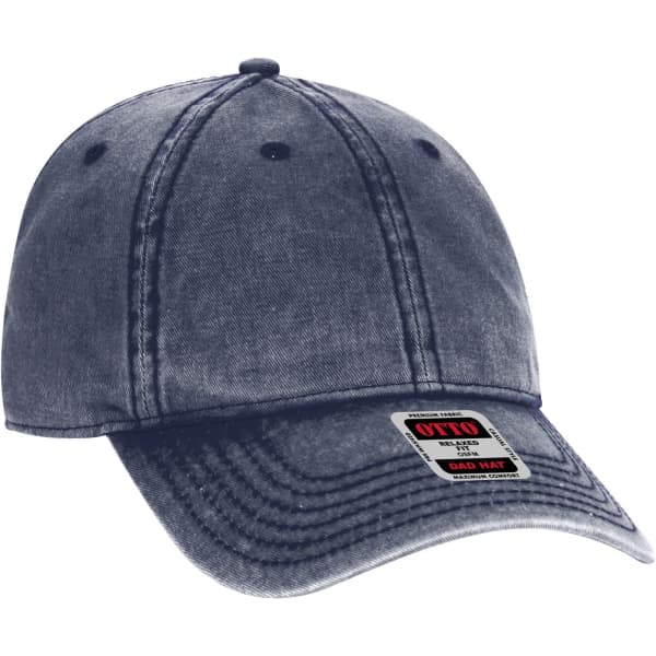 A denim-style, low-profile dad cap in navy blue, featuring stitching and a logo on the side.