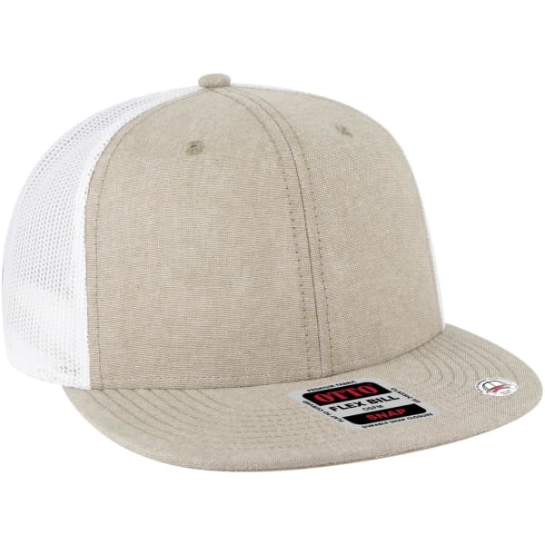 A beige and white 6 panel mid-profile trucker cap with a mesh back and a brand logo.
