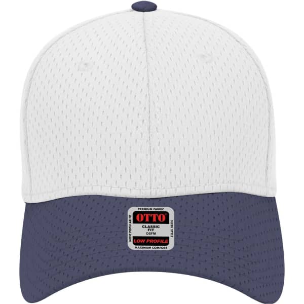 A white and navy blue low profile baseball cap with a logo on the front.