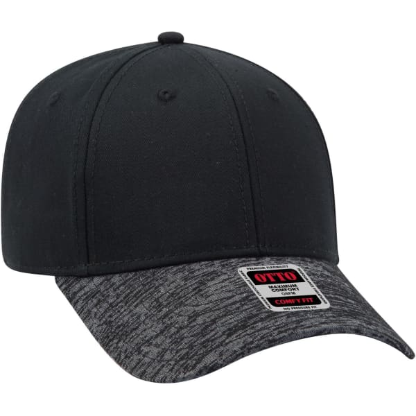 A black baseball cap with a grey marled peak and a logo tag on the front.
