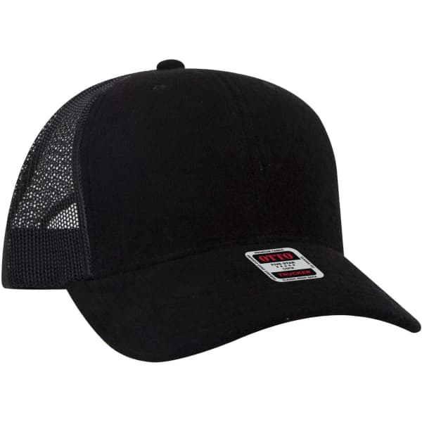 A black 6 panel mid-profile trucker cap with a mesh back and an attached logo.