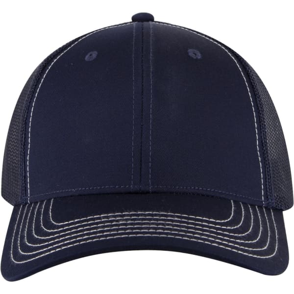 A navy blue 6-panel low profile trucker cap with contrasting stitching and mesh side panels.