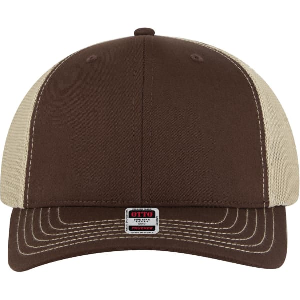 A brown and beige 6 panel mid profile trucker cap with a logo on the front.