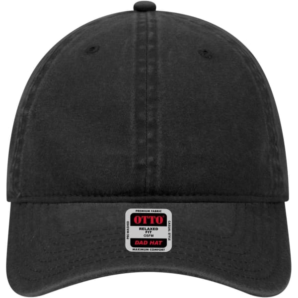A black six-panel low profile dad cap with a branded tag on the front.