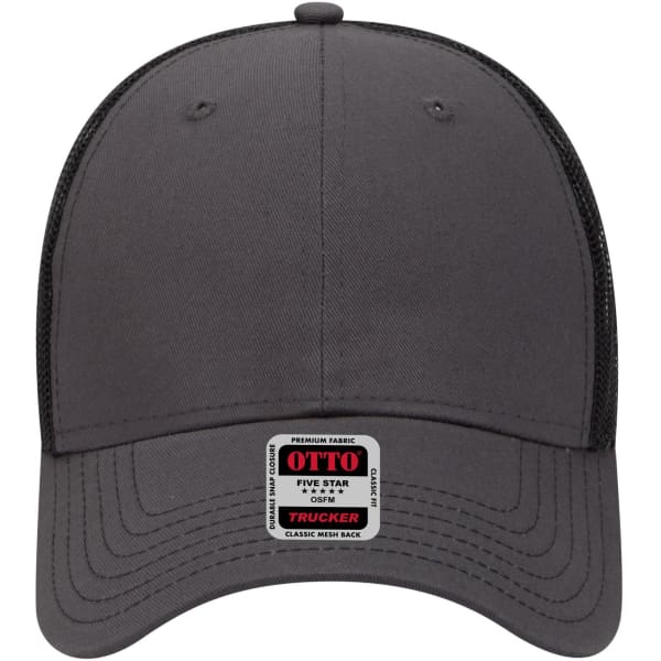 A 6-panel low profile trucker cap in dark grey, featuring a mesh back and a logo on the front panel.