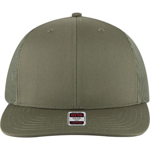 A 6 panel mid-profile trucker cap in olive green with a logo on the front.