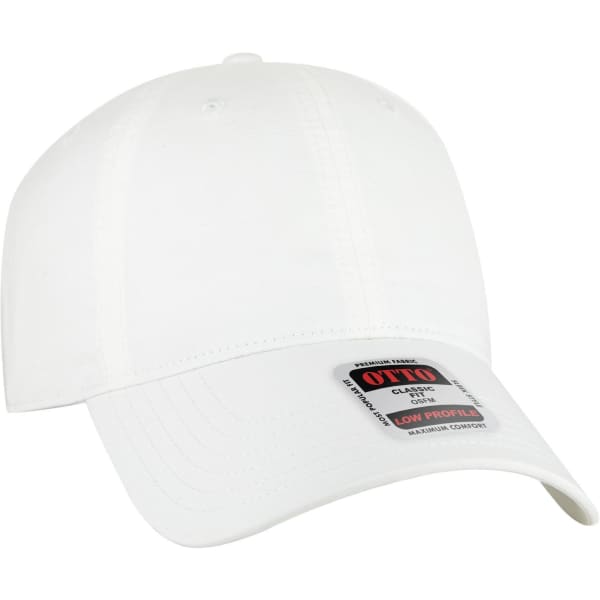 A white 6 panel low profile style baseball cap featuring a logo and a stitched brim.
