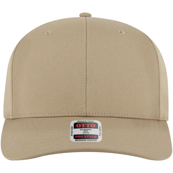 A tan 6 panel pro style snapback hat featuring a solid design and a logo on the front.