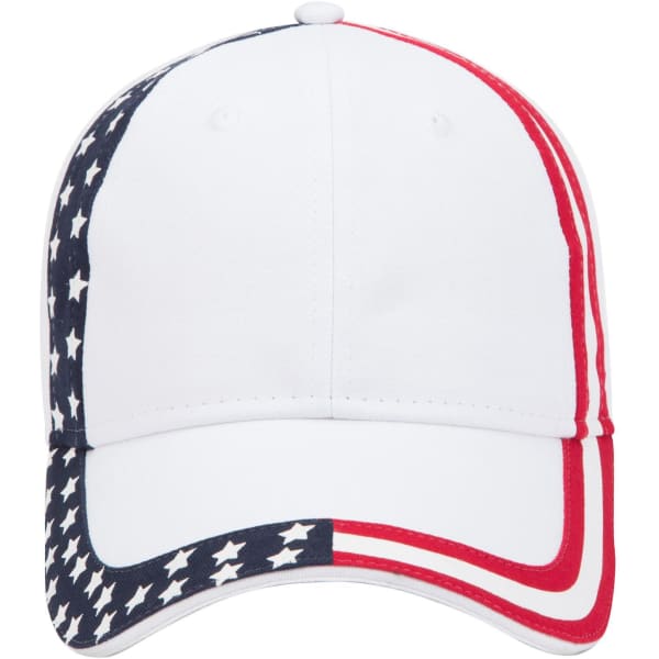 A 6-panel low profile baseball cap in white, featuring a red and blue star design with a logo on the front.