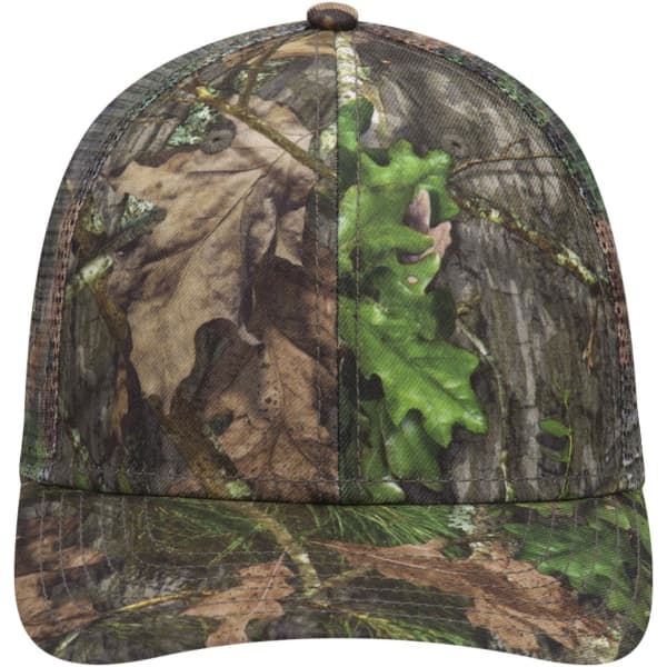 A camo 6 panel low profile baseball cap featuring a camouflage pattern with green and brown tones.