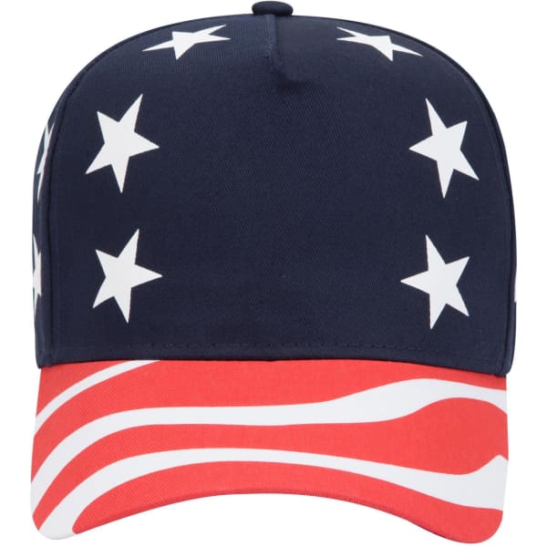A navy blue baseball cap featuring white stars and a red striped pattern on the brim. It has a logo on the side.
