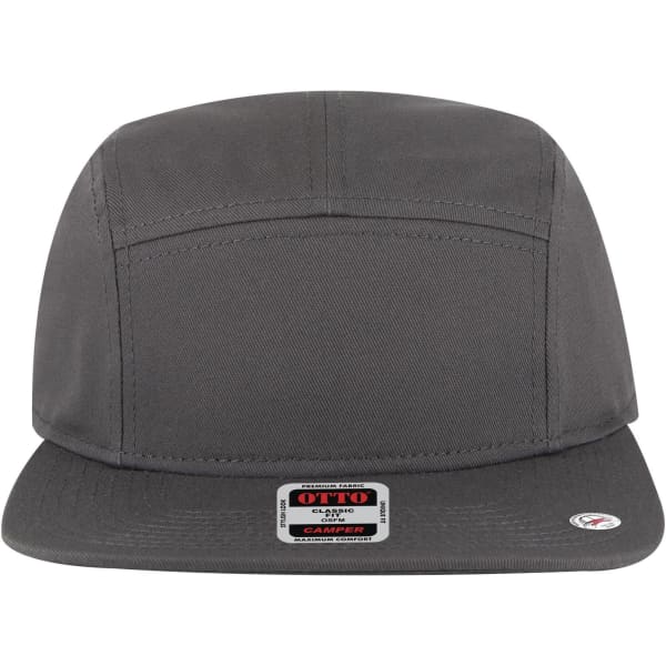 A grey 5-panel camper hat with a flat brim and a logo on the front.