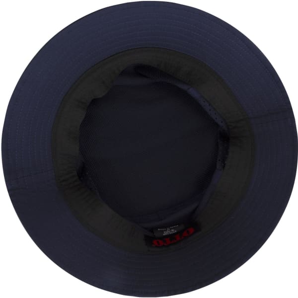 A navy blue bucket hat with a wide brim and a black interior, featuring a logo inside.