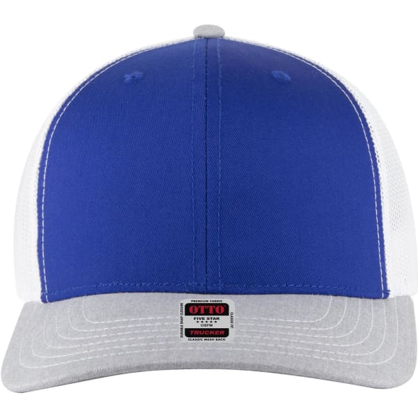 A blue and grey 6-panel mid-profile trucker cap featuring a mesh back and a branded label on the front.