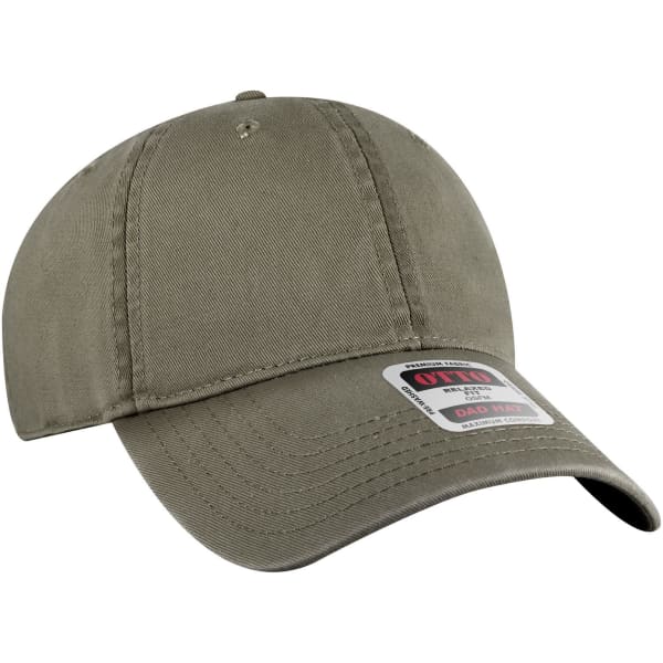 A khaki 6 panel low profile dad cap with a curved brim and a logo on the side.