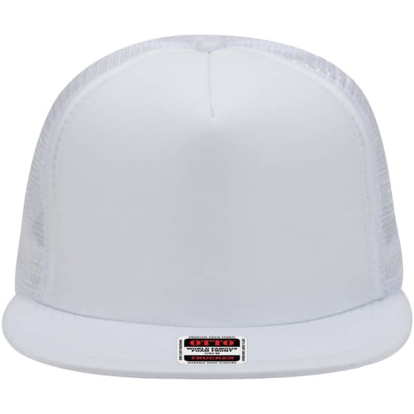A white 5-panel high crown trucker cap with mesh sides and a branded label on the front.