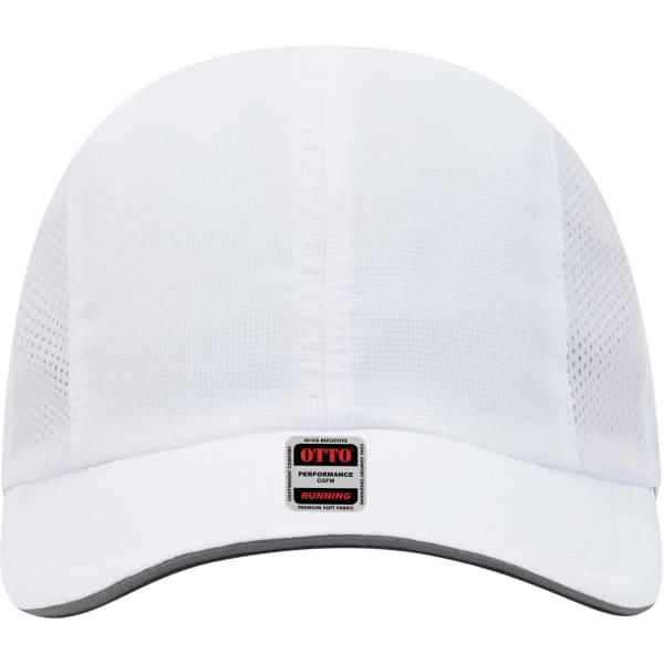 A white six-panel running cap featuring a mesh design and a logo on the front.