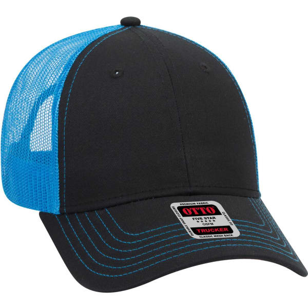A black and blue 6 panel low profile trucker cap with a mesh back and a branded tag on the front.