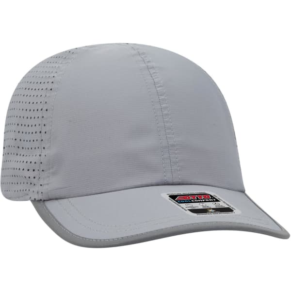 A reflective grey six-panel running cap featuring ventilation holes and a branded label on the side.