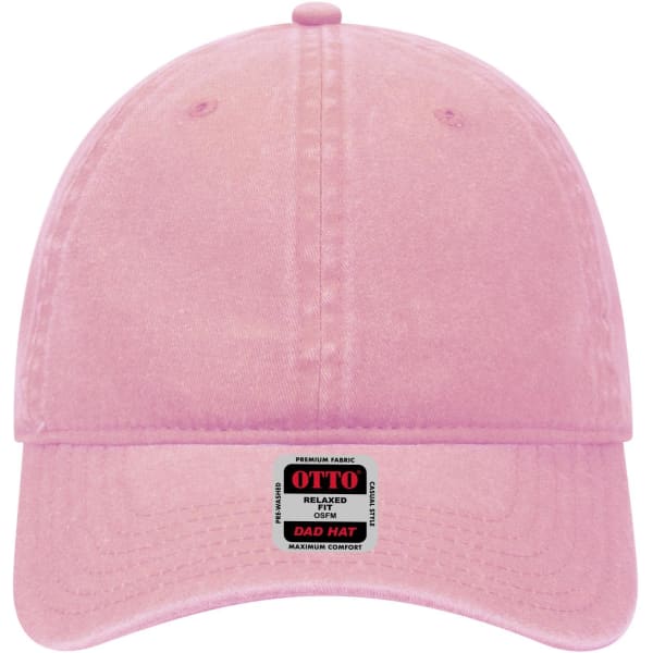 A pink 6 panel low profile dad cap with a logo on the front. The cap has a relaxed fit and a curved brim.