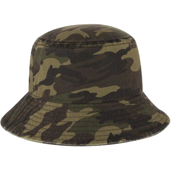 A camouflage bucket hat with a wide brim and a simple design. It features a logo on the side.