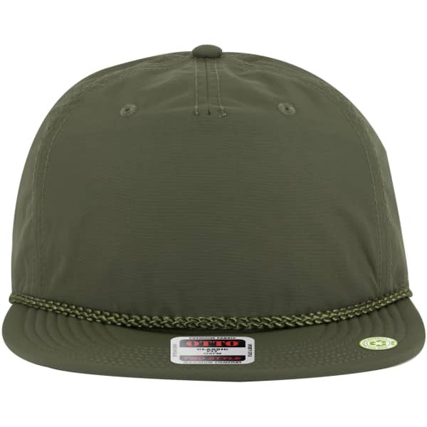 An olive green 5 Panel Pro Style Baseball Cap with a chain detail and a branded logo.