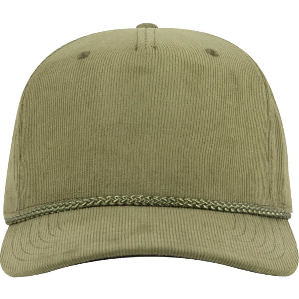 A 5-panel mid-profile baseball cap in olive green corduroy with decorative stitching and a logo.