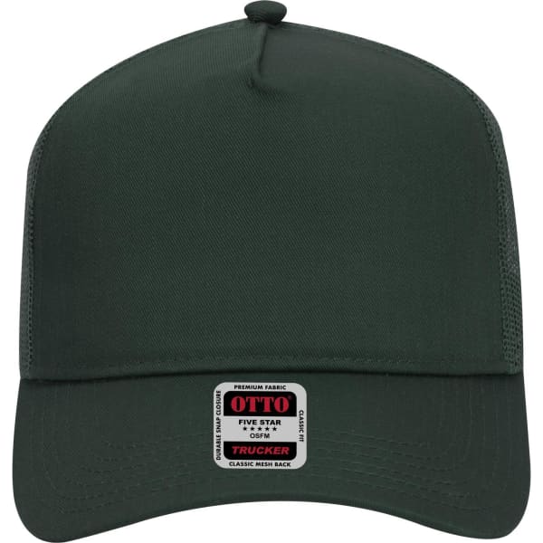 A dark green 5 panel mid profile trucker cap with a mesh back and a branded label on the front.