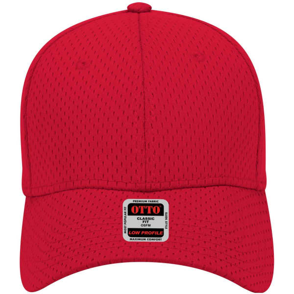 A red 6 panel low profile baseball cap with ventilation and a small logo on the front.