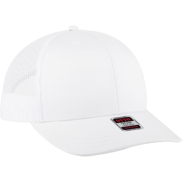A white 6 panel mid-profile trucker cap with a mesh back and a logo tag on the front.