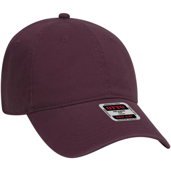 A maroon 6-panel low profile dad cap with an adjustable strap and a logo tag.