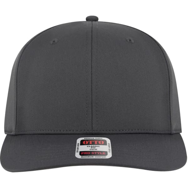 A grey 6 panel pro style snapback hat with a logo on the front and a flat brim.