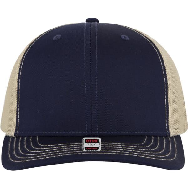 A navy and beige 6-panel mid-profile trucker cap with a logo on the front.