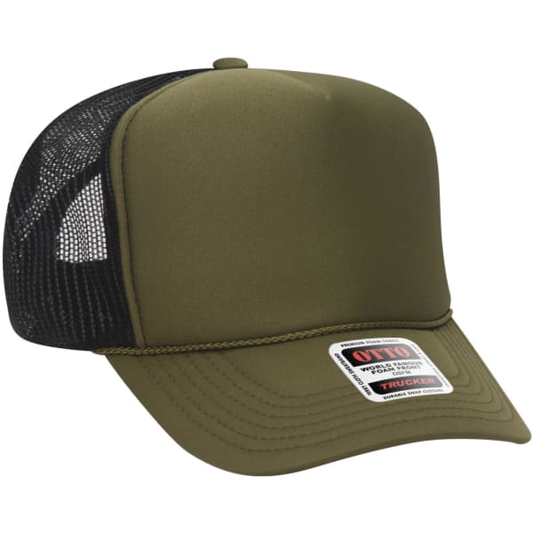 An olive green 5 Panel High Crown Trucker Cap with a black mesh back and a logo on the front.