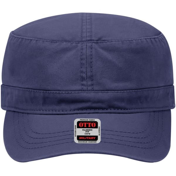 A navy military hat with a structured top and a flat brim, featuring a label with branding.