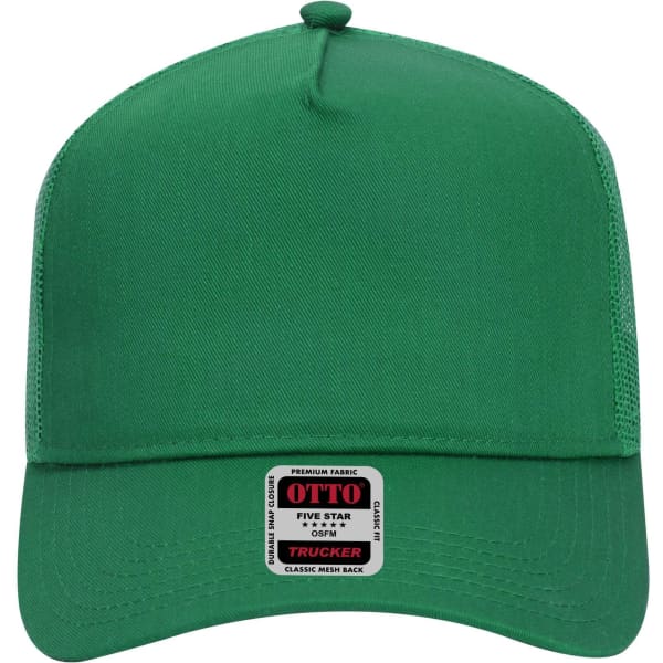 A green 5 panel mid profile trucker cap with a structured front and a logo on the front.