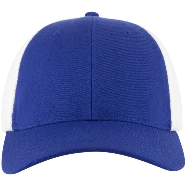 A blue and white low profile trucker cap with a six-panel design and a logo on the front.