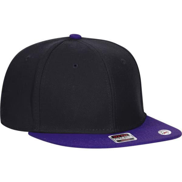 A black mid-profile snapback cap with a purple undervisor and a logo on the side.