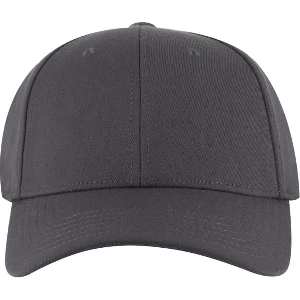A grey 6 panel low profile baseball cap with a curved brim and a logo on the front.
