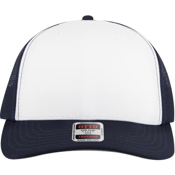 A mid-profile trucker cap featuring a white front and navy mesh back, with a logo on the label.