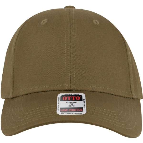 A low profile baseball cap in olive green with a branded label on the front.