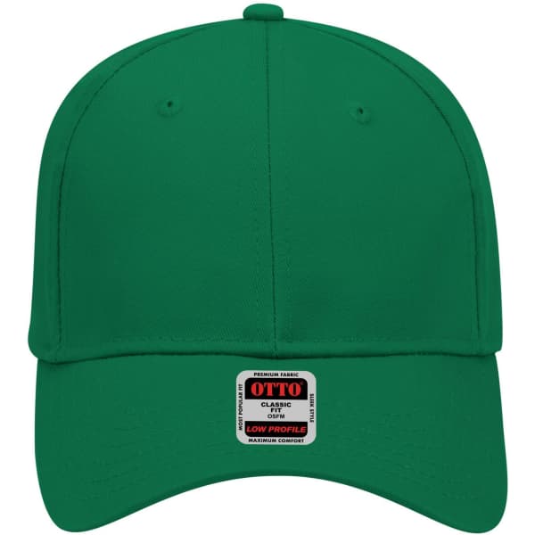 A green 6 panel low profile baseball cap with a logo label on the front.