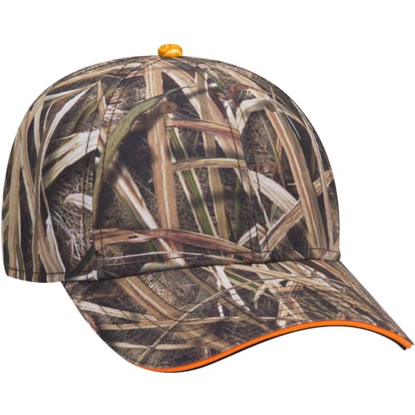 A camouflaged baseball cap in shades of brown and green with an orange accent and a logo on the side.