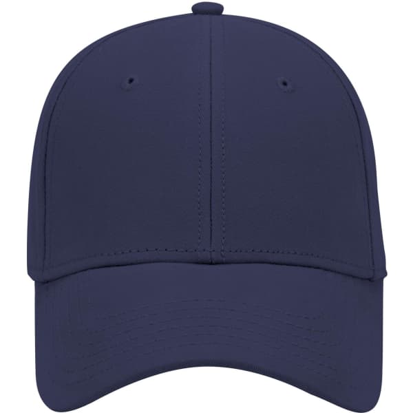 A navy blue 6 panel low profile baseball cap featuring a stitched brim and a logo on the front.