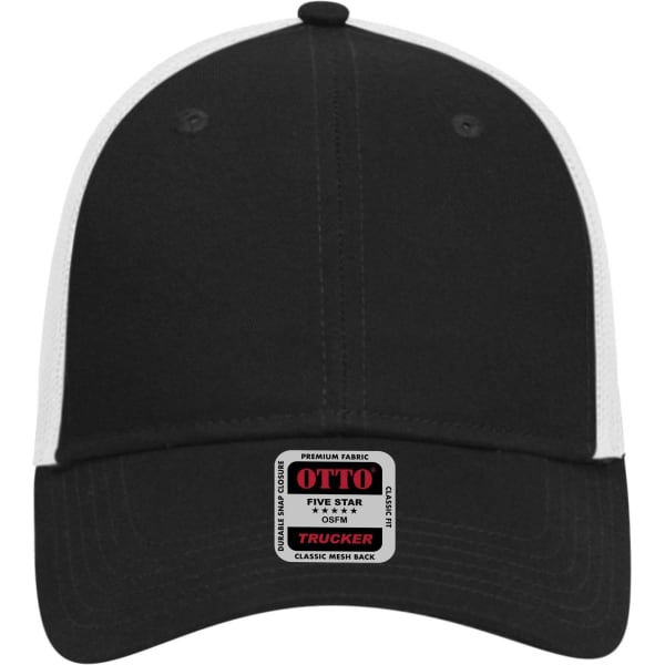 A black and white 6-panel low profile trucker cap with mesh back and a logo on the front.