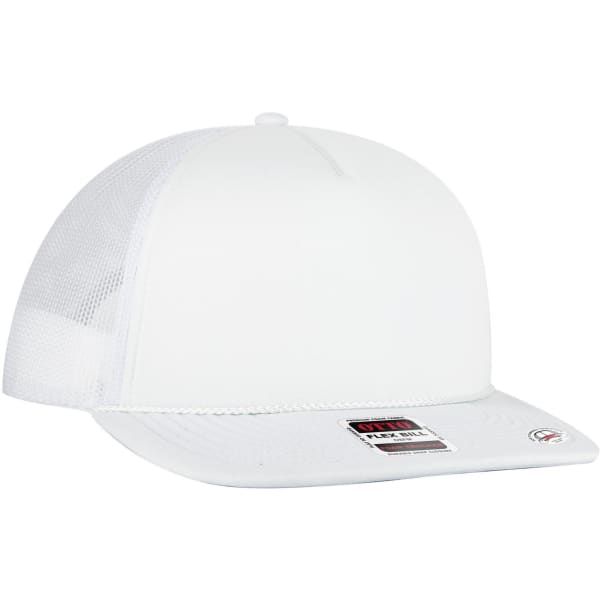 A white 5 panel style trucker cap featuring a mesh back and a branded tag on the front.