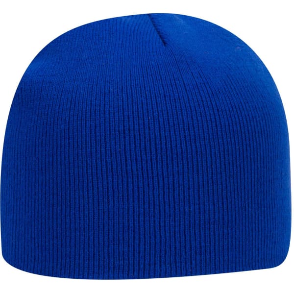 A blue knit beanie with a ribbed texture and a fitted shape, featuring a logo on one side.
